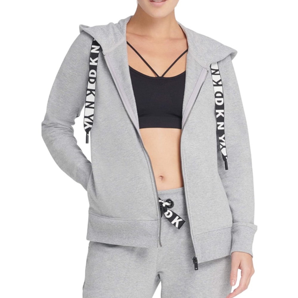 NEW! DKNY Womens Hoodie Pearl Gray Heather Logo Fleece Two-Tone Drawcord Small